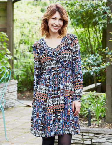 Rayon crepe dress with lining and santiago print