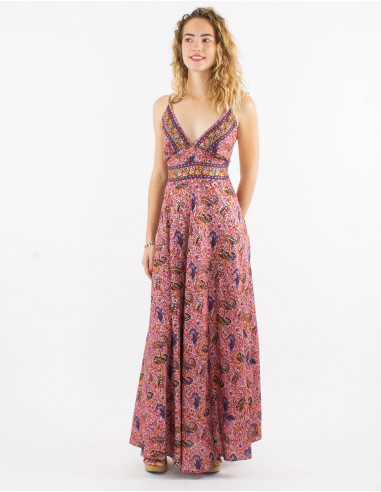 Long polyester sari backless dress with silver print