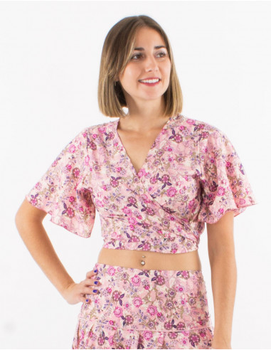 Polyester "sari" top with short sleeves and "surat" print