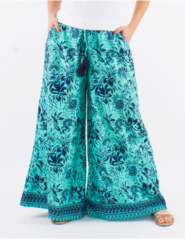 Polyester elastic back belt pants and "palma" print
