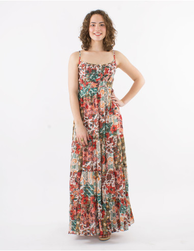 Long boheme print doubled cotton voile dress with ruffles