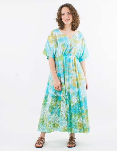 Long cotton voile tie and dye dress with lining and short sleeves