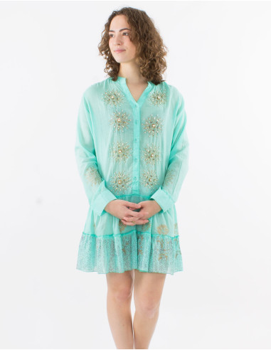 Cotton voile buttoned tunic with beads and straight sleeves