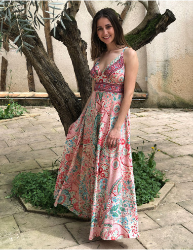Long polyester "sari" backless dress with "zaari print" and silver thread embroidered