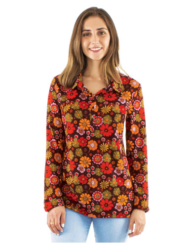 Knitted long sleeves buttoned blouse with Flower Power print