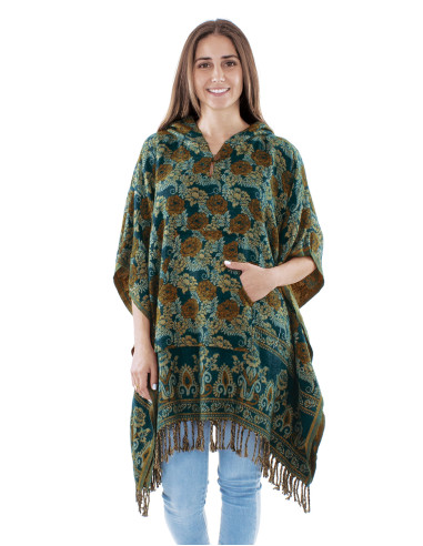 Ancrylic fringed square poncho with hood