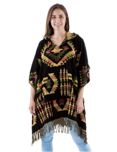Ancrylic geometric fringed square poncho with hood