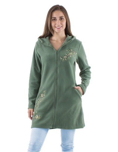 Knitted polar polyester long jacket with hood and embroidery flowers