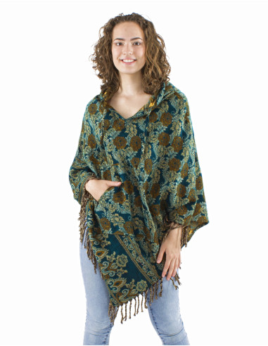 Acrylic triangle fringed Jacqart poncho with roses
