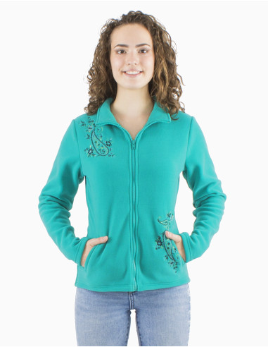 Knitted polar polyester jacket with collar and embroidery flowers