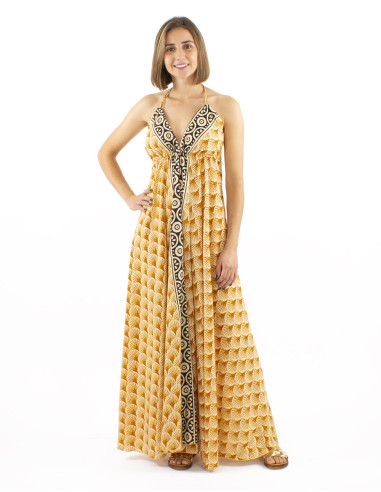 Cotton long block backless dress