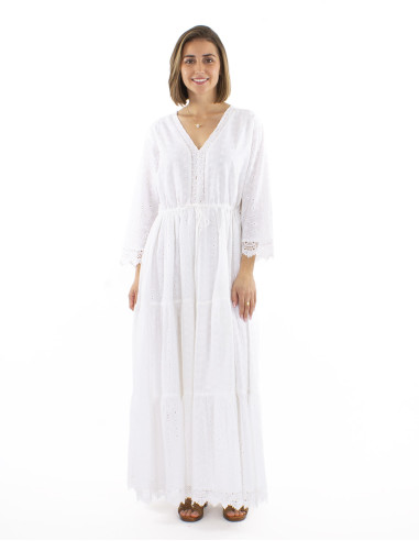 Cotton white 3/4 sleeves dress with embroideries and lining