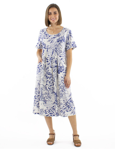 70% viscose 30% linen dress with short sleeves and Nature print