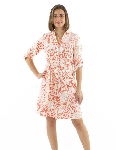 70% viscose 30% linen buttoned dress with short sleeves and Nature print