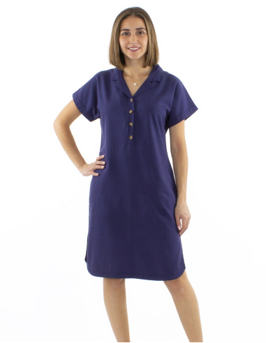 54% linen 46% viscose collar dress with short sleeves