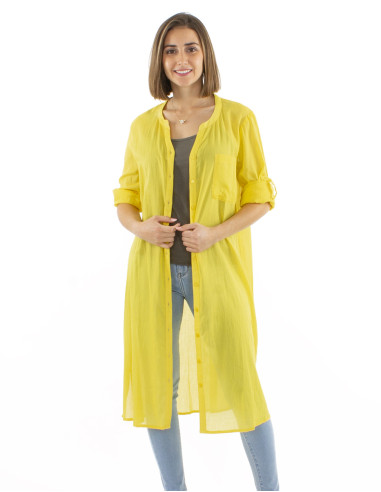 Cotton voile plain dress with buttons and long sleeves