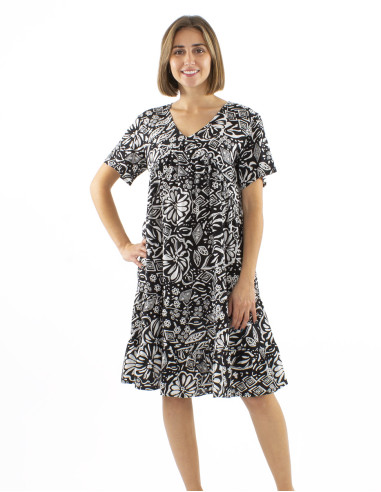 Viscose v-neck dress with short sleeves and Magnolia print