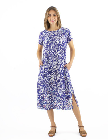 Viscose long dress with short sleeves and Magnolia print