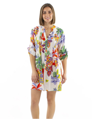 Cotton tunic dress with long sleeves and Hawaiian print
