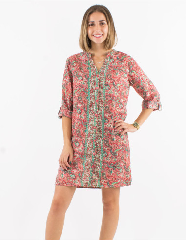 3/4-sleeve button-down printed polyester dress