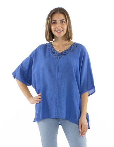 Foam cotton plain blouse with v-neck