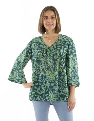 Cotton voile wrinkled blouse with 3/4 sleeves and Herma print