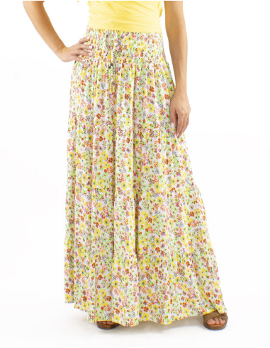Viscose large belt skirt with ruffles and Pretty print
