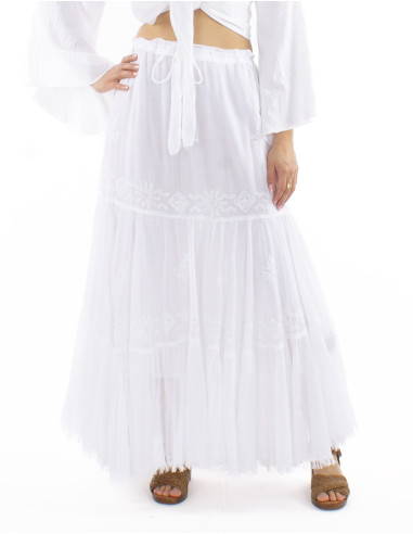 Cotton voile white fringed skirt with lining and embroideries