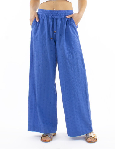 Cotton plain pants with embroideries and elastic belt
